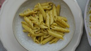 Quick and easy creamy pesto pasta in a bowl, made with a few simple ingredients.