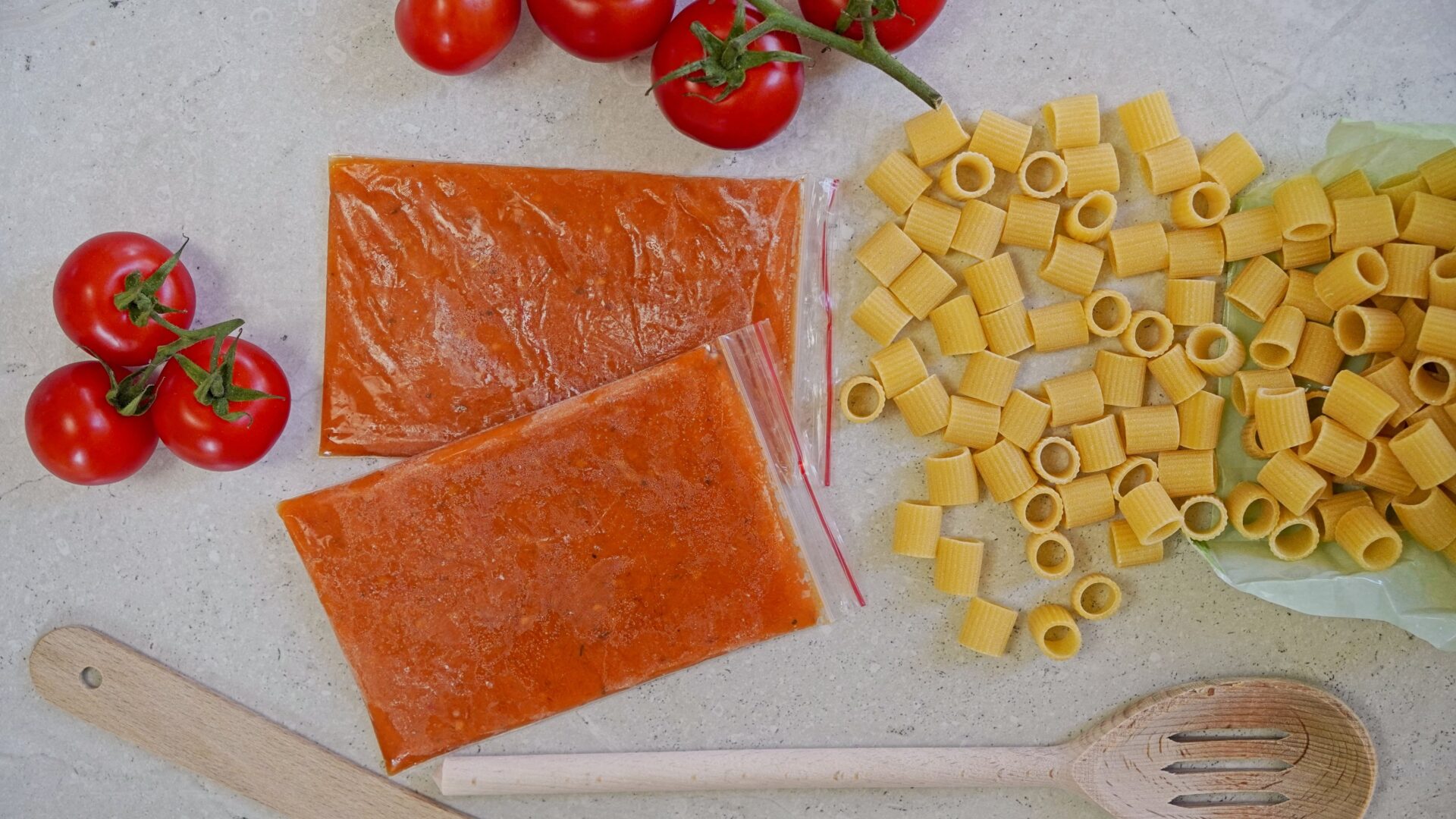 Tomato sauce portioned into freezer bags and stored flat for freezing.