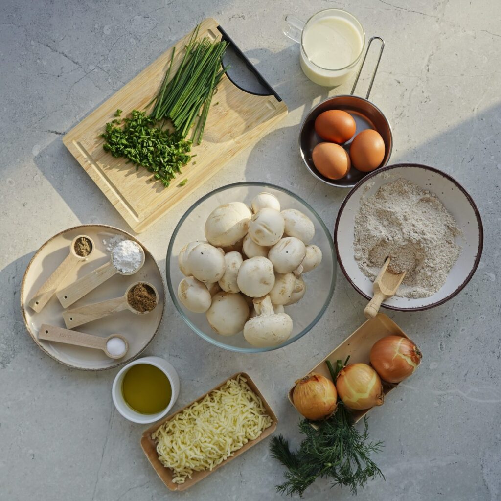 Ingredients for mushroom pie recipe: mushrooms, cheese, onion, eggs, spices, flour, buttermilk, and herbs laid out.