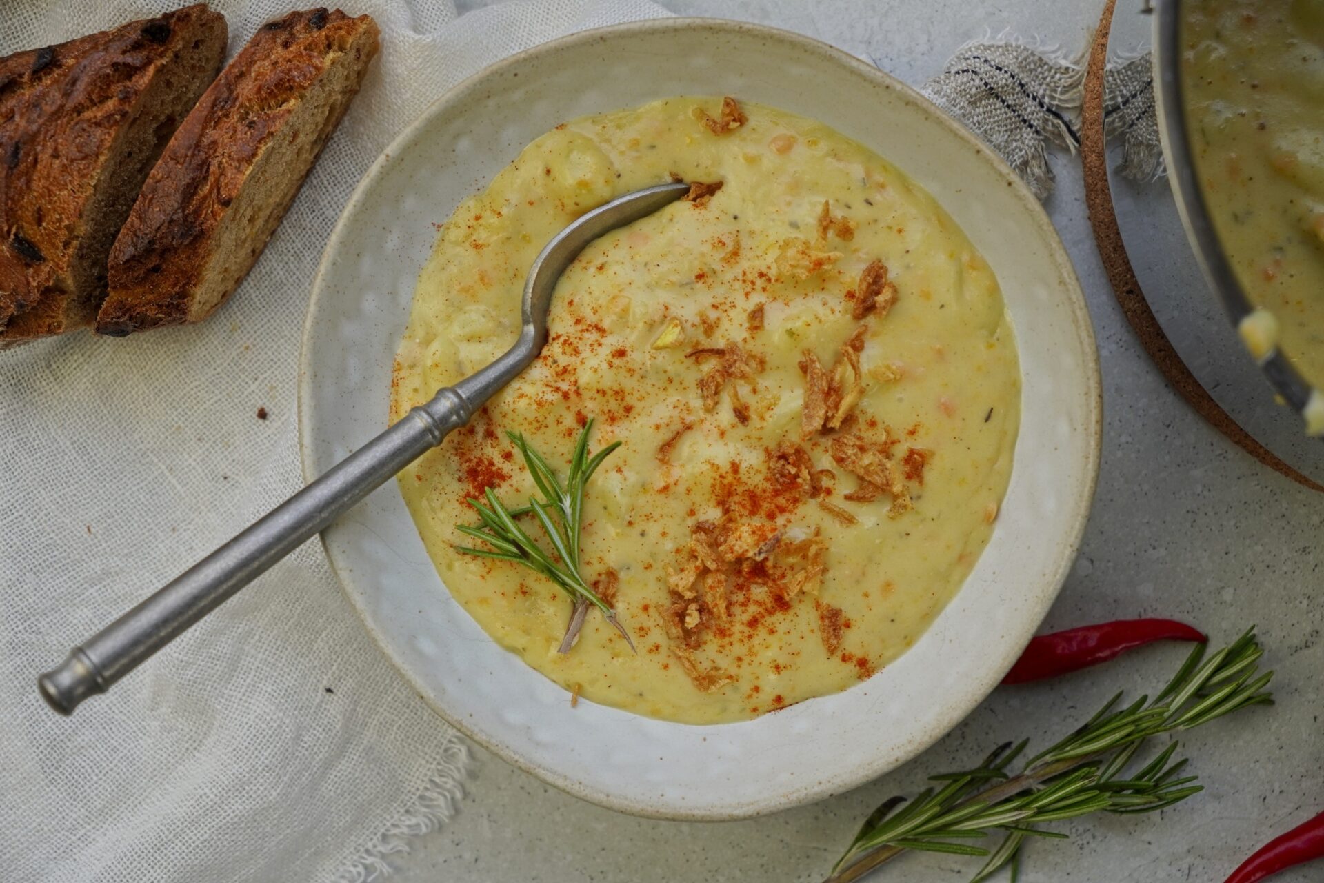 Bowl of cheddar potato soup, ready to serve and enjoy.